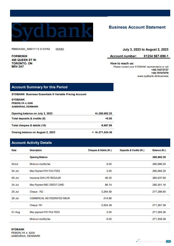Download Sydbank enterprise account statement Word and PDF template Photoshop template